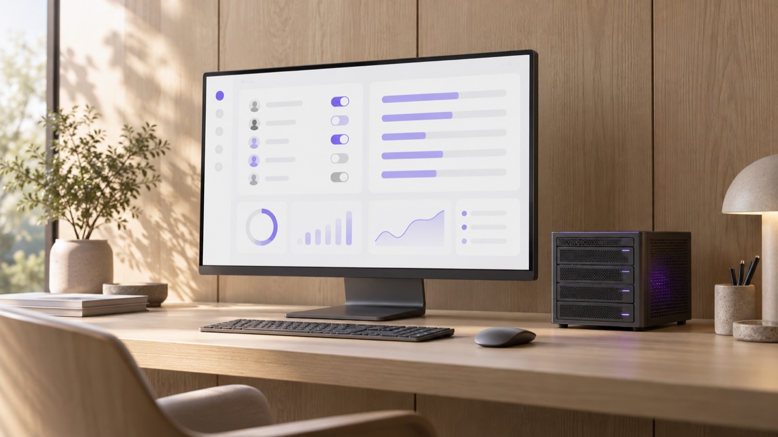 Admin and Platform Console in AiServa, on a pale oak desk beside a graphite server