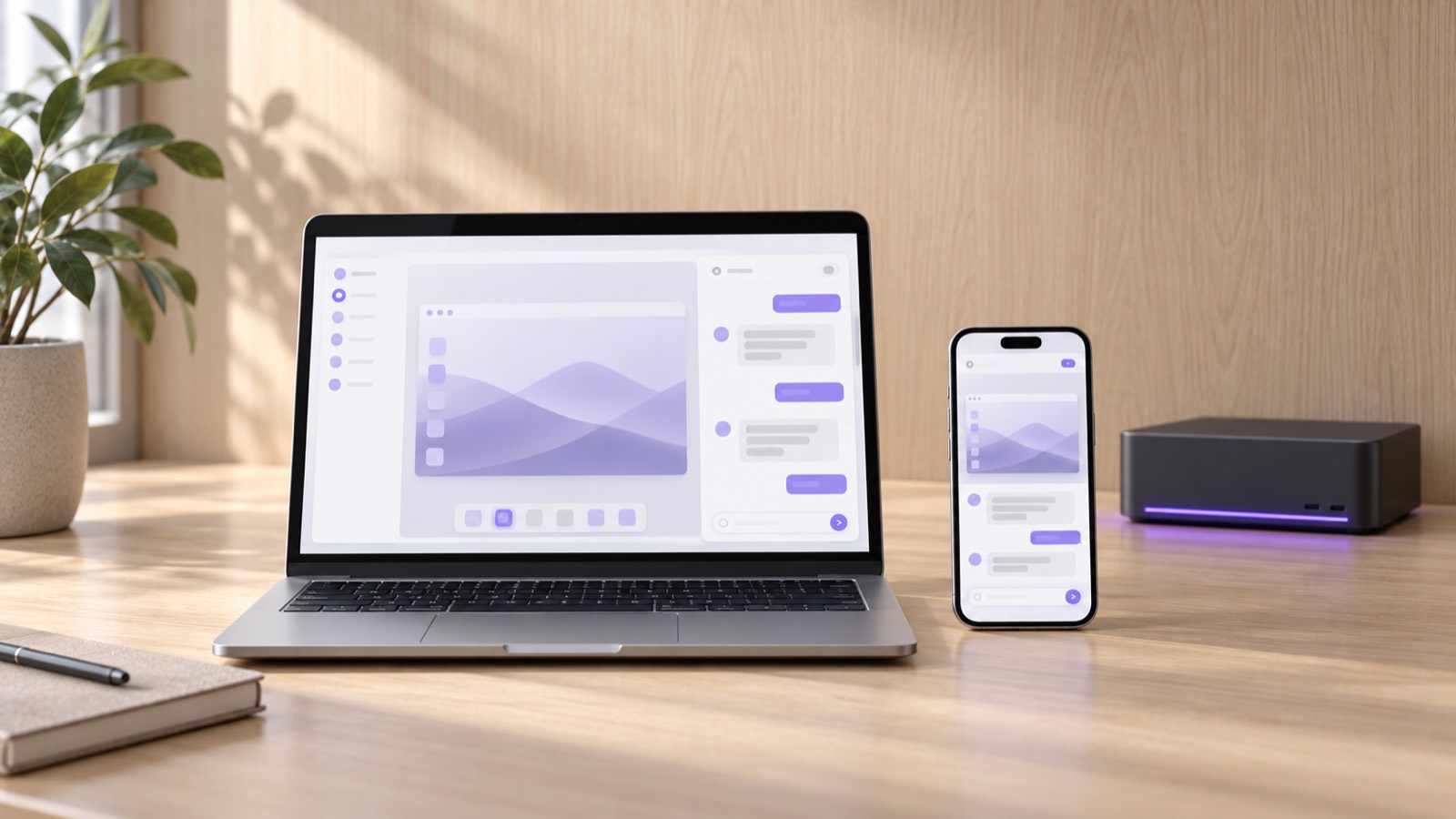 Desktop, Phone and Languages in AiServa, on a pale oak desk beside a graphite server