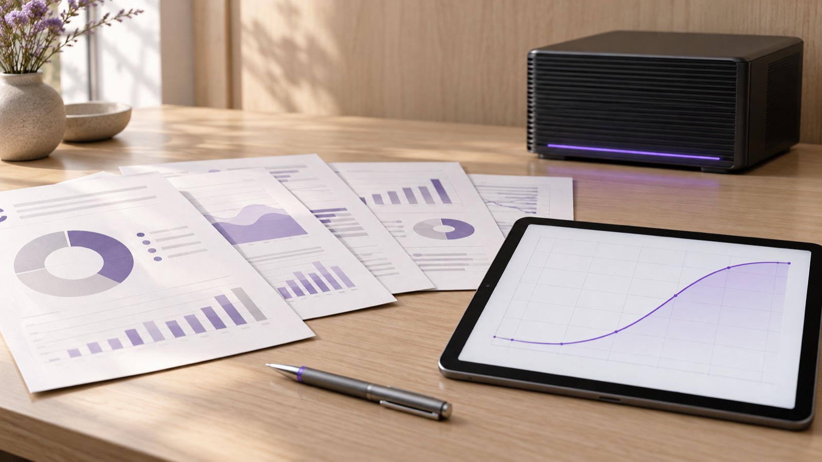 Reports and Documents in AiServa, on a pale oak desk beside a graphite server