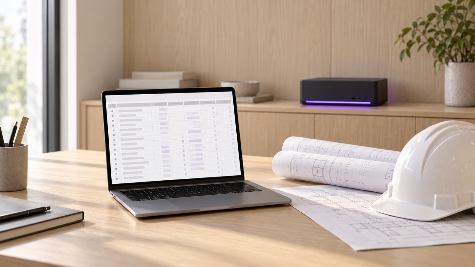 Tender and Bid Suite in AiServa, on a pale oak desk beside a graphite server