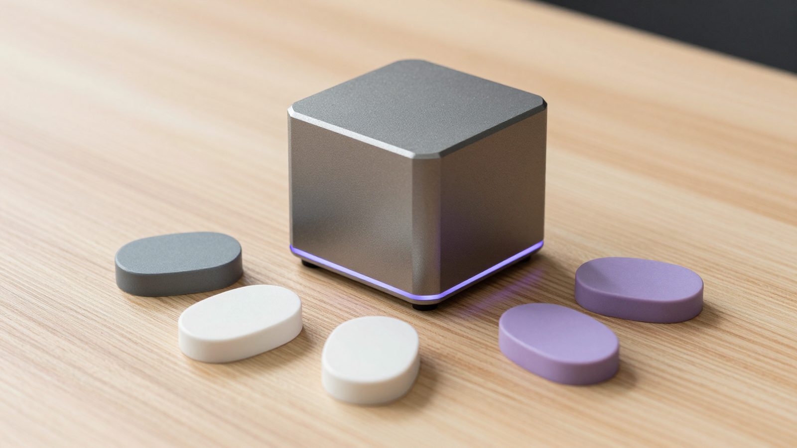 A compact graphite AiServa server with a violet light on a pale oak desk, surrounded by small snap-in modules in graphite, white and violet