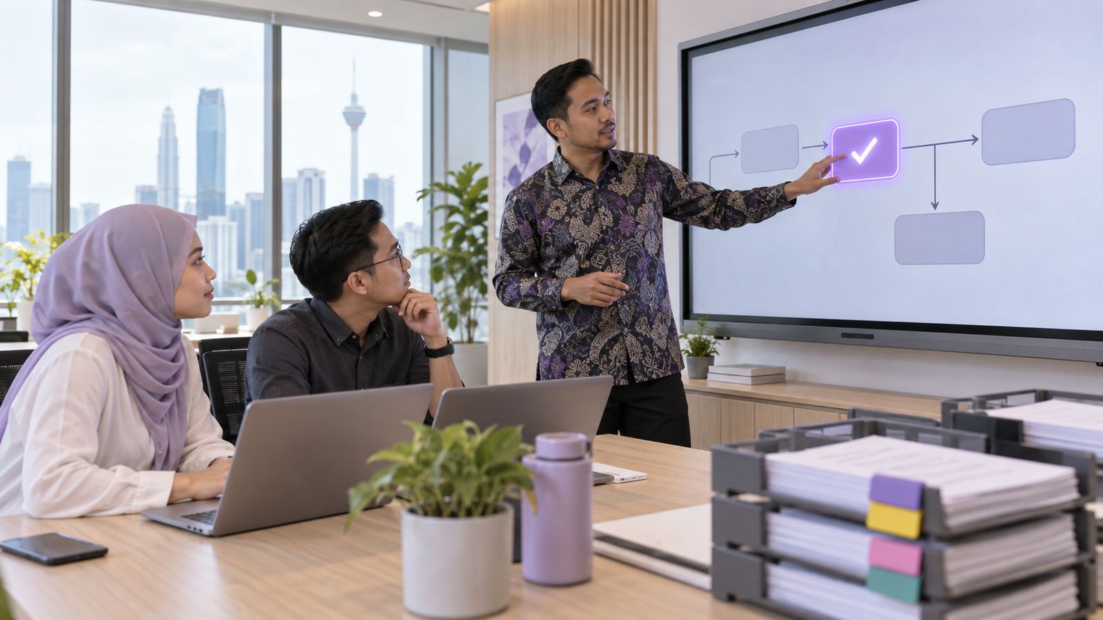An operations lead at a large touch display showing a workflow flowchart with one approval step highlighted, colleagues working at laptops